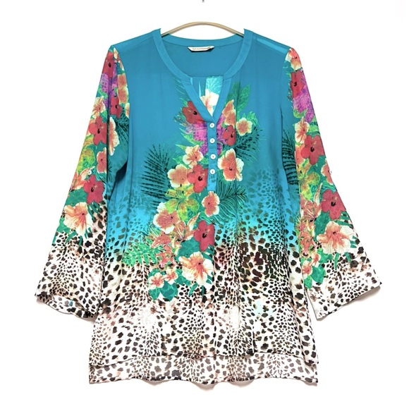 Soft Surroundings Tropical Tunic Top Hibiscus Leopard Print Teal Roll Tab Medium - Picture 2 of 13